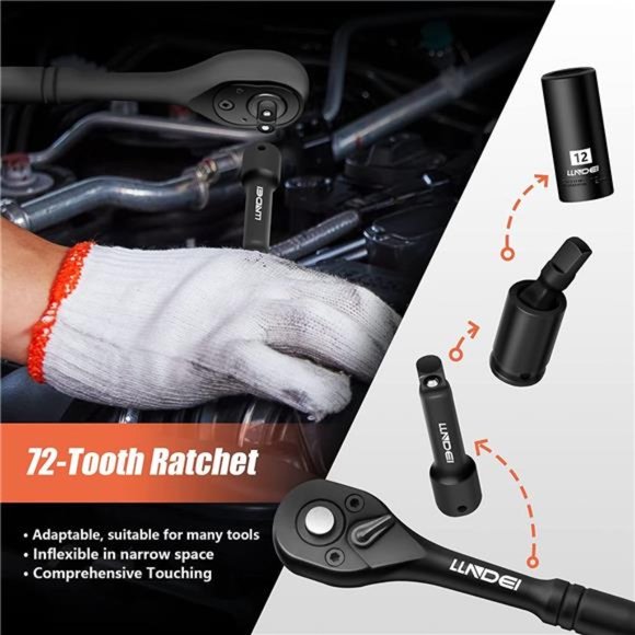 1/4”Drive Impact Socket Set, 52 PCS Mechanic Tool Set with 72-Tooth Ratchet - Picture 4 of 6